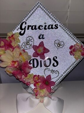 Women's Decorative Floral Graduation Cap - Pink and White